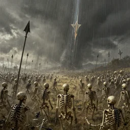 arrows raining on a battle field full of skeletons, concept art, digital painting, trending on artstation, deviantart, highly detailed, perfect composition, dramatic lighting, sharp focus, 8 k uhd