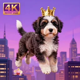 bernedoodle puppy with a gold crown by alex grey + orchids, flying above the city of gotham, confident, transcendent, vibrant color, ornamented, clean linework, finely detailed, 4 k, rule of thirds, trending on artstation, photorealistic, volumetric lighting, octane render