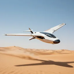 futuristic flying vehicle with articulated wings flitting flapping over a beautiful desert with dunes motion blur