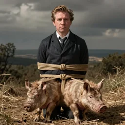 Historical photograph of Ben Shapiro being hog-tied, high detail