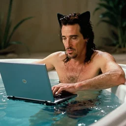 al pacino scarface hot tub scene, except he wears cat ears and plays valorant on a laptop