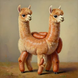 a surrealist cartoonish painting of an alpaca made out of frankfurter sausages, the neck and legs of the alpaca are frankfurter sausages! with smooth shiny skin. high resolution, in the style of dali hopper