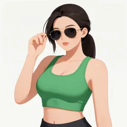 a beautiful curvy anime girl with an athletic feminine body in a green tank top and aviator classic sunglasses holding an assault rifle on a white background by krenz cushart, ponytail, side shot, concept art, oc commission, tanned body, illustration
