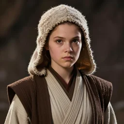 star wars portrait of a woman by greg rutkowski, hybrid twi'lek and human, young jedi knight, round face, wool cap, she is about 2 0 years old, wearing jedi robes, arstation hq.