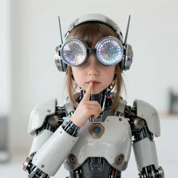 centered portrait of playful young sabrina salerno as a solarpunk mecha humanoid robotic parts wearing crystal goggles with bright led lights, real human face, pudica gesture bouguereau style, in white room, ultra - realistic and intricate, soft portrait shot 8 k