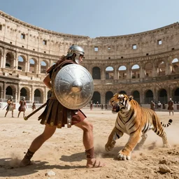 incredible screenshot, roman gladiator holding a reflective silver circle shield defensive fighting in a sandy arena, tiger attack,in the  Colosseum,  dynamic camera angle, deep 3 point perspective, fish eye, dynamic scene, by phil hale, ashley wood, geoff darrow, james jean, craig mullins, Jean-Leon Gerome, 8k, hd, high resolution print