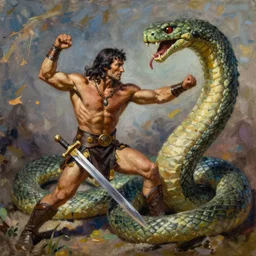 oil painting by frank frazetta, depicting conan armed with a sword and fighting a giant snake, in the style of frank frazetta