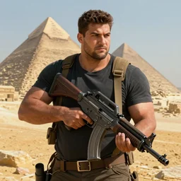 a beefy man with a machine gun, egyptian pyramid in the background, 4 k, sharp focus, illustration, highly detailed, cinematic, photorealistic, cyberpunk