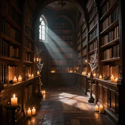 An mystic empty library with burning candles and cobwebs