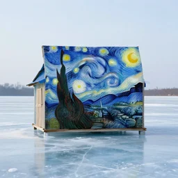 an ice fishing hut on a frozen lake, vincent van gogh self - portrait, in the style of vincent van gogh, starry night
