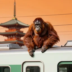 a orangutan on top of a train in japan under a beautiful orange setting sun smoking a blunt with shades ok 4 k