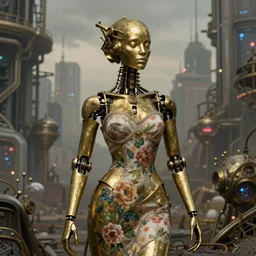 brass semi - mechanical woman, portrait, floral art novuea dress, art by ardian syaf, brian froud, moebius, in steampunk cyberpunk cityscape