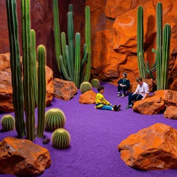 a solarpunk zen garden with cacti by simon stalenhag and hubert robert and zacharias aagaard and gillis rombouts and samuel beal, hyperrealism, purple sand, orange rocks, chiaroscuro!!, tonalism!, high saturation, high contrast, vibrant, highly detailed, volumetric light