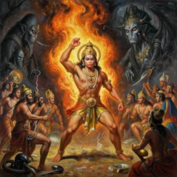 Hanuman setting Lanka on fire in an epic dramatic scene from Ramayan , by Zdzisław Beksiński, by HR Giger, by Philippe Druillet, oil on canvas, masterpiece, detailed, dynamic, cinematic composition, beautiful lighting, view from ground, trending on artstation, top on pixiv, 8K, no frames,