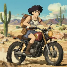 cinematic action mid shot of an adventurer girl riding a steampunk motorcycle on in a desert with rocks, cactus, mountains, delicate features finely detailed perfect art, gapmoe yandere grimdark, trending on pixiv fanbox, painted by greg rutkowski makoto shinkai takashi takeuchi studio ghibli,