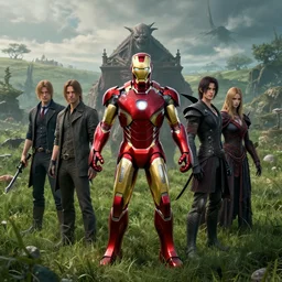 portrait of marvels ironman ( ( ( surrounded by grass ) ) ) by hr giger, greg rutkowski, luis royo and wayne barlowe as a diablo, resident evil, dark souls, bloodborne monster, courtroom, elden ring creature : : in a garden, grassy field, large field in the background
