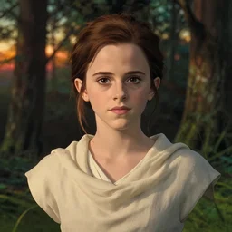 portrait bust of emma watson, forest background, brown hair, cloth, princess mononoke, 4 k, greg rutkowski, high detail, dramatic lighting, sunset, hayao miyazaki, masashi ando, nizou yamamoto, kazuo oga, joe hisaishi, yoji takeshige, naoya tanaka