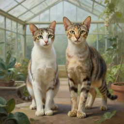 two highly detailed skinny long cats at a greenhouse in Ancient Greek | painting by Greg Rutkowski | trending on artstation | 8k | HD