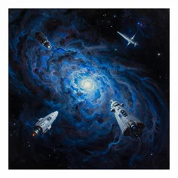 blue nebulous in dark space, star ships, very dark, neon, shine, ultra detailed, ultra realistic, space, oil painting, cinematic, stars, epic