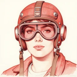 woman wearing aviator helmet and googles, drawn by jean giraud and moebius, red tones, detailed drawing, flat colors