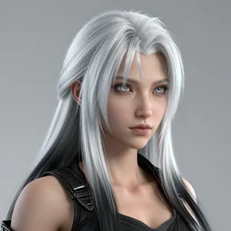 hyper - realistic + photorealistic render with very extreme intricate details, female rogue with silver + eyes and long + white + black + sleek + hair!, in the style of final + fantasy, 3 5 mm lens, medium shot, maya
