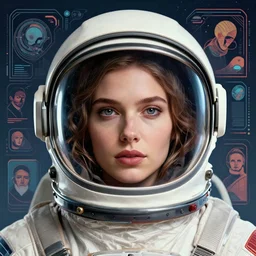 close up portrait of a woman wearing an astronaut helmet, retrofuturistic, space graphics art in background, quint buchholz, wlop, dan mumford, artgerm, liam brazier, peter mohrbacher, raw, trending on artstation, octane render, cinematic, elegant, intricate, 8 k