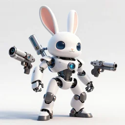 an anthropomorphic rabbit - like robot with futuristic guns, digital art, epic composition, cyberpunk, in the style of john stone, trending on artstation, in the style of jakub rebelka, in the style of jake parker, swirly vibrant colors, explosion of color, highly detailed, sharp focus