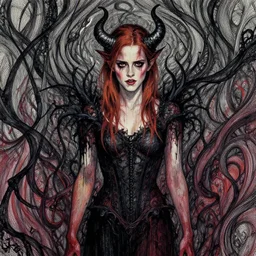 expressive and dreadfull, [ minimalism ], detailed, organic flowing background, black ink & copic markers, vibrant muted colors, disturbing grunge still of a [ solomonic demon infested ] [ emma watson ], by arthur adams, by tom bagshaw