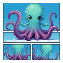 comic book panel of a cute cthulhu by jack kirby moving it's tentacles against a blue background, digital art