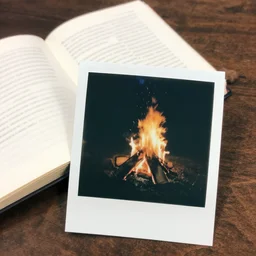 polaroid photo of campfire with open book nearby