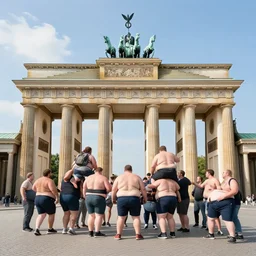 a crowd of obese men climbing onto the brandenburg gate.