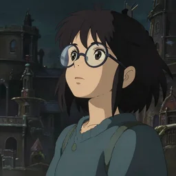 a young girl with rounded glasses looking to the sky, cinematic lighting, dramatic atmosphere, studio lighting delicate features finely detailed perfect art, at an ancient city, gapmoe yandere grimdark, trending on pixiv fanbox, painted by greg rutkowski makoto shinkai takashi takeuchi studio ghibli