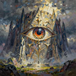 a painting of mordor with the eye of sauron in the center. in the style of bob ross