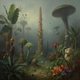 beautiful rendering of exotic plants by daniel merriam and karol bak and martin johnson heade, xenoplanet by roger dean and moebius, at night, ( ( misty atmosphere ) ), soft light, mantra rendering, matte painting, high detailed, 4 k, trending on artstation