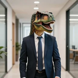 a man in a business suit with a dinosaur head, wearing sunglasses, in a typical office hallway, instagram photo, extremely realistic!!!