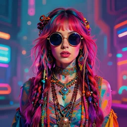 colorful 3 / 4 body view portrait of a female hippie with round sunglasses, set in the future 2 1 5 0 | highly detailed | very intricate | symmetrical | professional model | cinematic lighting | award - winning | painted by mandy jurgens and ross tran | pan futurism, dystopian, bold psychedelic colors, cyberpunk, groovy vibe, anime aesthestic | featured on artstation