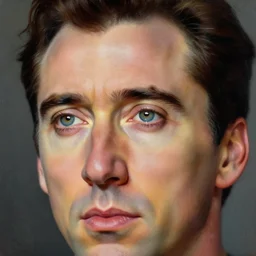 high quality extremely detailed closeup portrait of nicolas cage as superman looking away from the camera, detailed eyes, sparkle in eyes, no hands visible, intricate, painting by lucian freud and mark brooks, hd