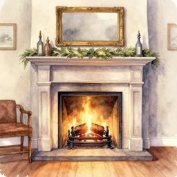 greeting card artwork, watercolor painting of a fireplace in the style of thomas kinkade