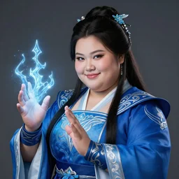 thick chubby filipina dnd mage, casting frost spell with hands, sly grin, intricate blue robe, beautiful detailed face, action pose, bright colors, dynamic shadows, dynamic lighting, geoff johns, jason fabok, jason fabok, brad anderson, splash art