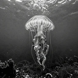 ocean divers, the abyss, beksinski, bruehgel, emerging from ashes, black and white, detailed background, photograph, masterpiece, alien bifurcated hydromedusa gel shell