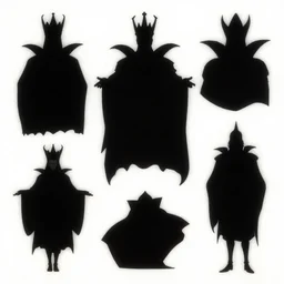 character shape design exploration silhouettes of a dastardly wicked tyrannical king, minimalist mixed media layout from masaaki yuasa ( 1 9 9 7 )