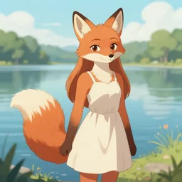 an anthropomorphic fox girl wearing a simple sundress, she has a fluffy tail and two pointed ears, beautiful lake background, illustration by greg rutkowski, thomas kindkade, loish, artstation, furaffinity, deviantart