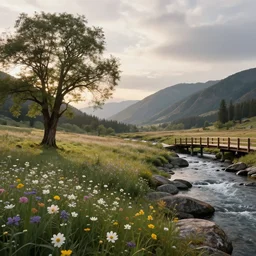 A flowery meadow with a large tree in the left and a river on the right with rocky sides, a wooden bridge on the right and realistic mountains in the background, a slightly overcast sky at sunrise. ultra realistic, matte painting, concept art, 4k, trending on artstation, octane render, wide lens. Winter.