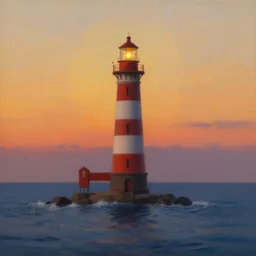 lighthouse in the middle of the ocean at sunset, realistic painting, classical painting, high definition, digital art, matte painting, very detailed, realistic