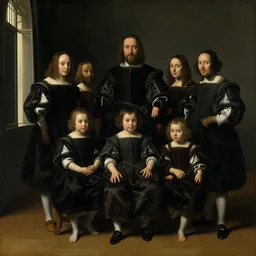 family portrait in the main room of the castle painted in 1 6 5 6, dark room, one point of light coming through the door inspired by las meninas, clear spaces between each subject and good detail and realistic eyes, faces for each person in the canva, inspired by diego velasquez baroque style