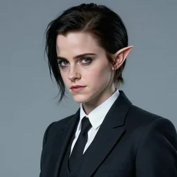 a cyberpunk very ugly mafia boss in a suit with slicked back black hair played by emma watson as an elf, 1 9 7 9 omni magazine cover, style by vincent di fate, artgerm, very coherent, detailed, 4 k resolution, bright, unreal engine, daz