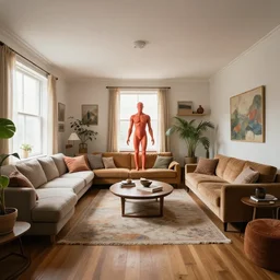 human body living room interior design, Greg Rutkowski, trending on Artstation, 8K, ultra wide angle, pincushion lens effect.