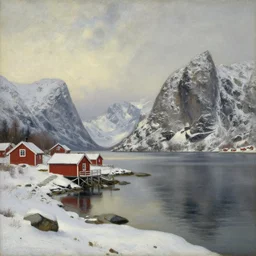 norwegian fjords in winter in the style of hudson river school of art, oil on canvas