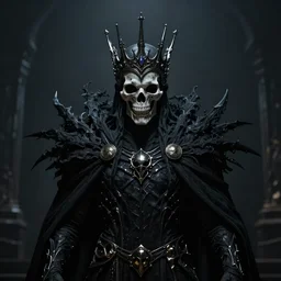 centered portrait of the Shadow King wearing a crown formed out of shadows, cape, skull mask, character concept, high fantasy, gothic, dark atmosphere, malice, medium shot, symmetrical face, golden ratio, cinematic lighting, hyperdetailed, high resolution, insanely detailed and intricate, artstation, Marc Simonetti, Greg Rutkowski, H R Giger, octane render, 8k