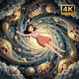 a woman falls into a dream within a dream within a dream within a dream within a dream, alex grey, salvador dali, fractal, surreal art, semi realistic anime, studio ghibli, makoto shinkai, award winning illustration, masterpiece, 4 k